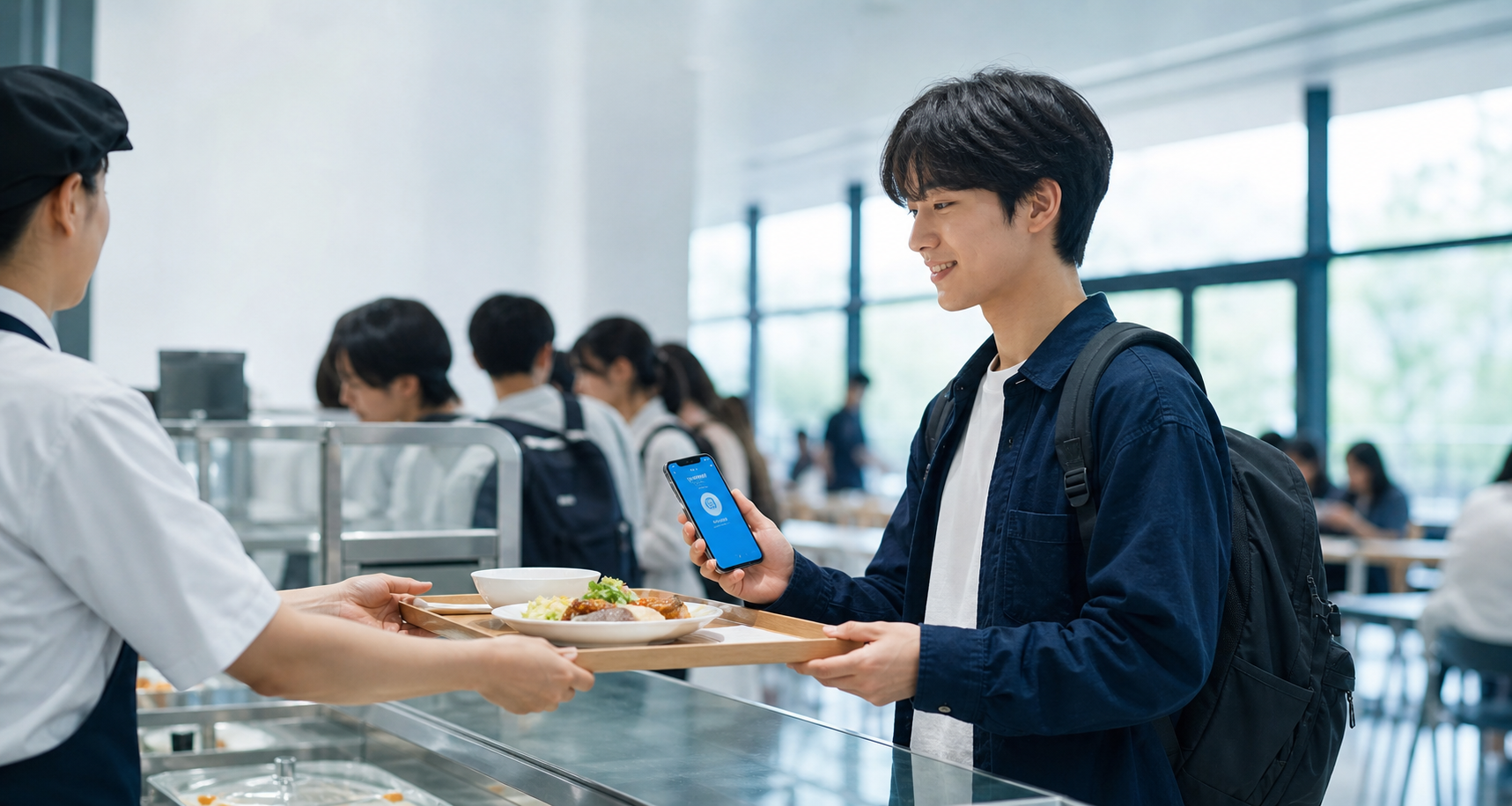 スマートフォンを提示して学食の商品を受け取る学生